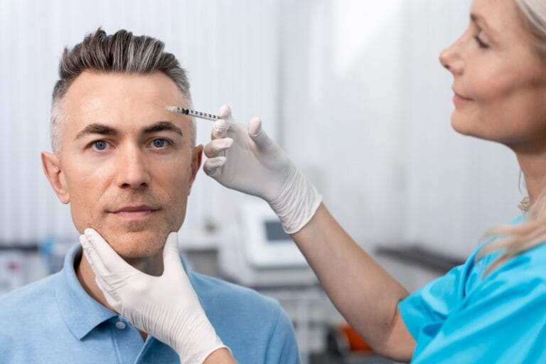 Mann lässt sich in Wien eine Botox-Injektion für sanftes Altern verabreichen